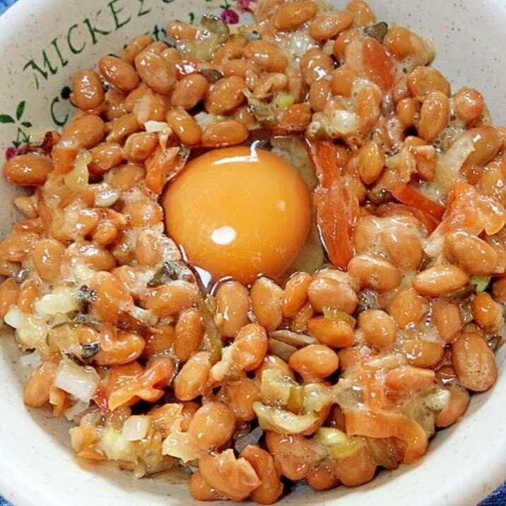 納豆の食べ方-生玉子＆漬物混ぜご飯♪